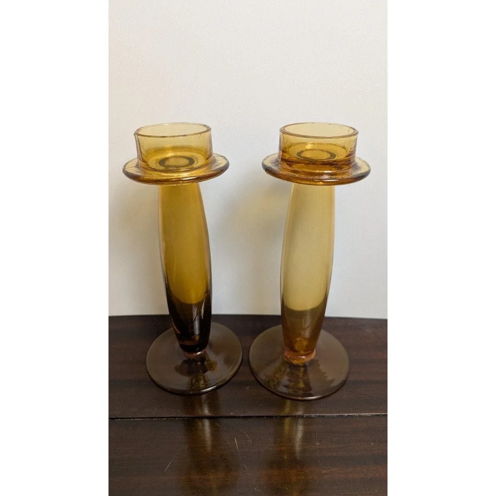 Gardeners Eden Vintage Amber Glass Candle Holders Pair 8in Mid Century Modern